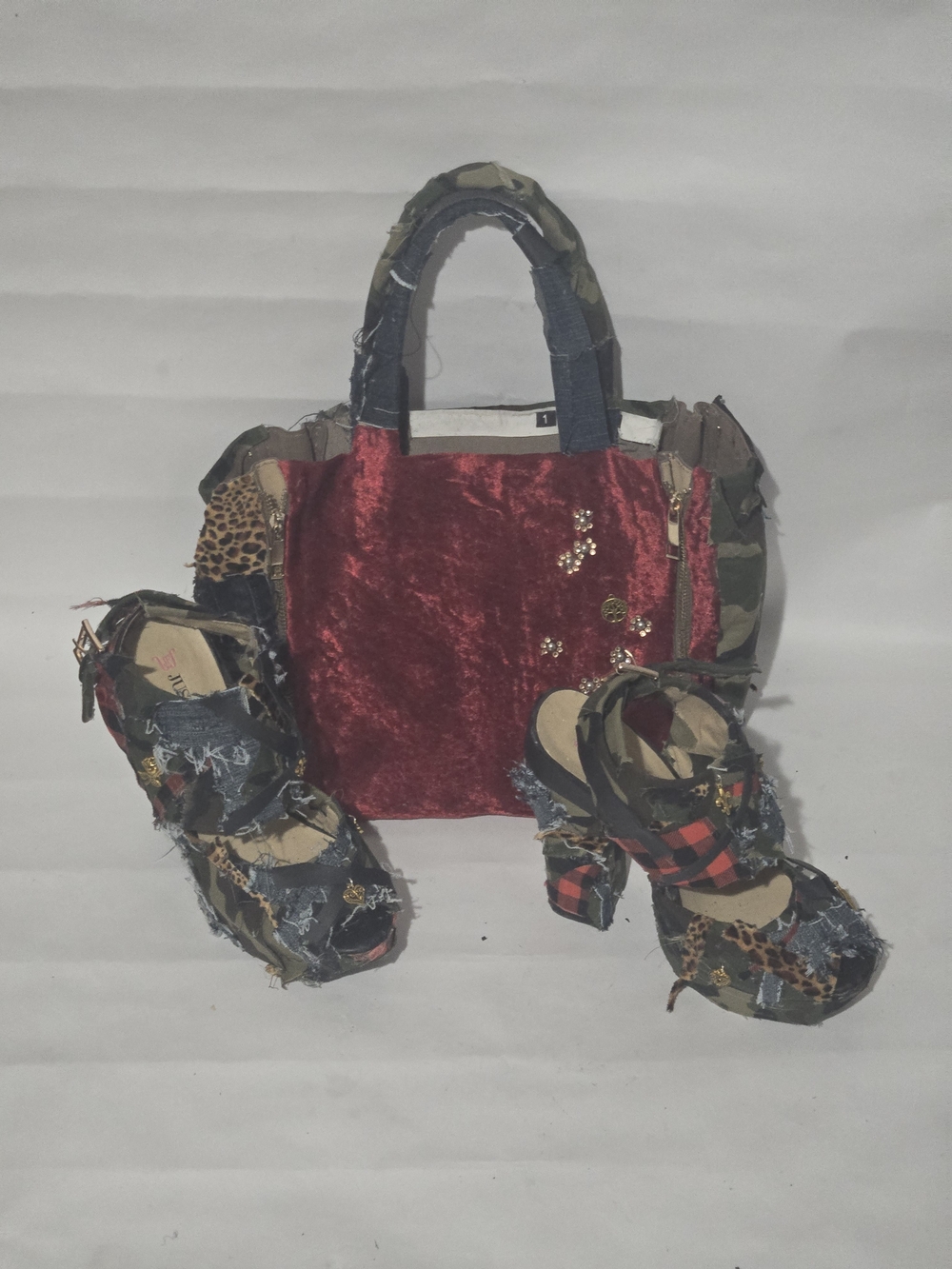 Red Velvet Patchwork Tote with Mixed Trim